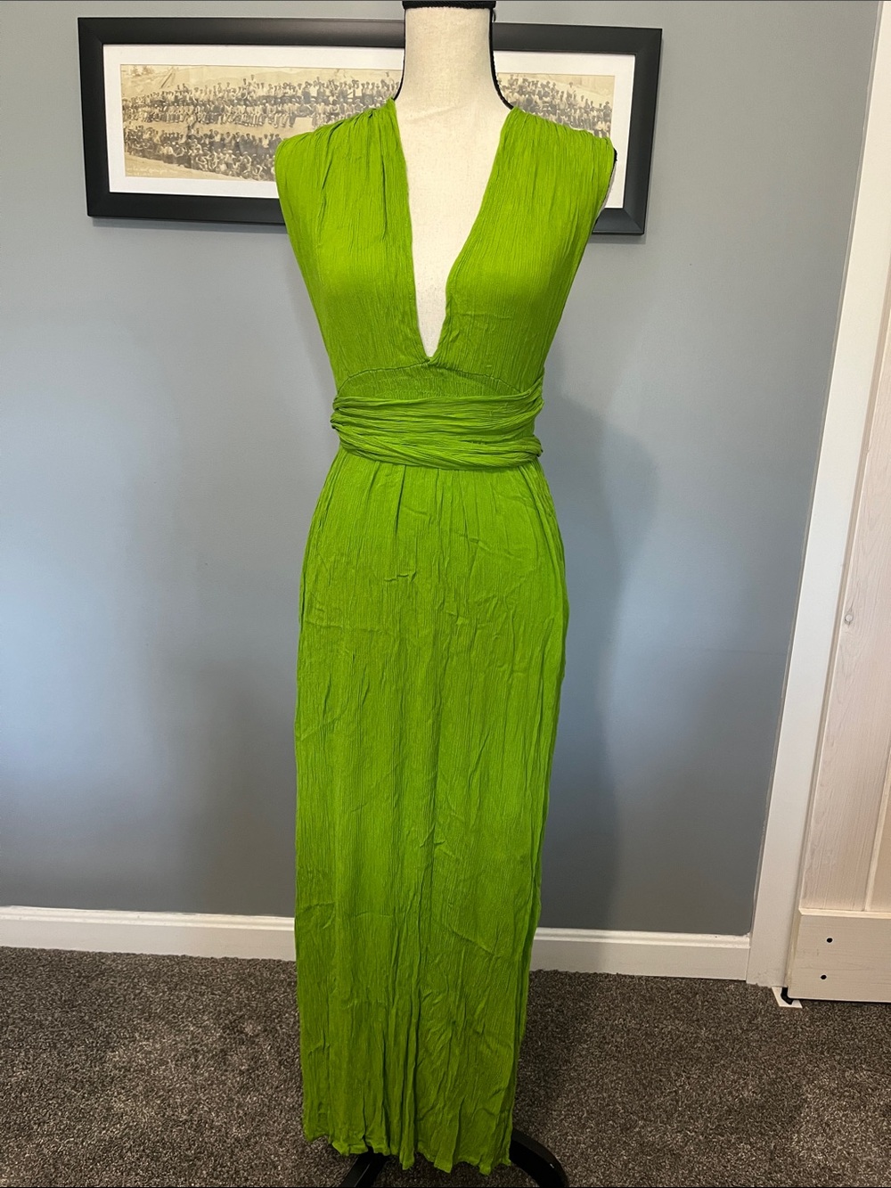 Plunging V-Neck Lime Green Maxi Dress with Elastic Waist and high side slits !